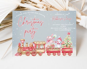 May include: A Christmas party invitation with a red and gold train, a snowman, and a bunny rabbit. The invitation says "Please join us for our annual Christmas party" and "Hosted at the Robinson's house".