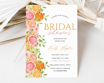 Citrus fruit bridal shower invitation, Citrus hen's party invite, Oranges invite, lemon and lime invite, Grapefruit invite, Bridal party
