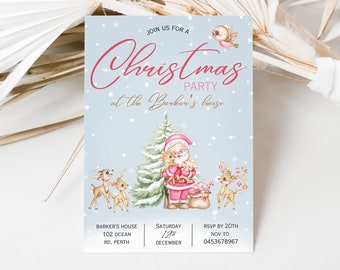 May include: A Christmas party invitation with a light blue background and watercolor illustrations of Santa Claus, reindeer, and a Christmas tree. The invitation text reads "Join us for a Christmas Party".