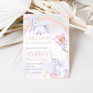 Unicorn and Fairy girl&#39;s first birthday invitation, Rainbows and unicorns birthday invitation, Pastel unicorn fairy and rainbow party