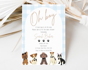 Könnte beinhalten: Eine weiße Babyparty-Einladung mit einem blau-weiß karierten Muster. Die Einladung lautet "Oh boy" in brauner Schrift und zeigt eine Reihe von fünf Cartoon-Hunden, die Fliegen tragen. Der Text lautet: "Ein neuer Welpe ist auf dem Weg. Bitte schließen Sie sich uns zur Babyparty an, die Sarah Baker zu Ehren stattfindet. Sonntag, 9. Juni.  Brunch. 20 Ocean View Drive Perth WA. RSVP an Polly unter 045362788."