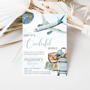 Editable Onderful mundo niños primer cumpleaños invitación de viaje avión y mapa del mundo niño 1a fiesta de cumpleaños invitación de aventura imprimible