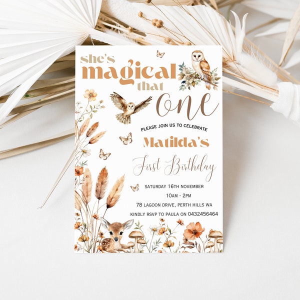 Editable She's magical that one girls first birthday invitation, wildflower whimsical owls and butterfly first birthday printable invite
