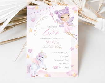 Einhorn- und Feen-Geburtstagseinladung für Mädchen, pastellrosa und lila Einhorn- und Feenparty, Einhorn-Einladung, Feen-Einladung, Party-Vorlagen