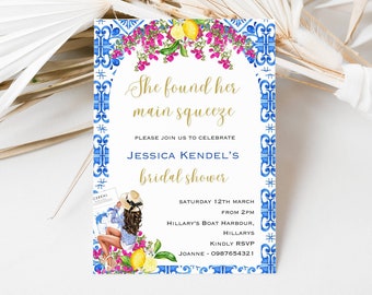 Editable she found her main squeeze lemon positano tile bridal shower invitation, italy blue tile lemon and floral invite, hens party invite