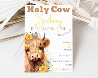 Editable Highland Cow Birthday Invitation Holy Cow Invitation Girls Birthday Invitation 1st Birthday Invitation Cow Invitation