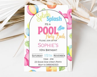 Editable Pool Party Birthday Invitation Splash Splash Invitation Girls Birthday Invitation Summer Party Birthday Invitation Fun In The Sun