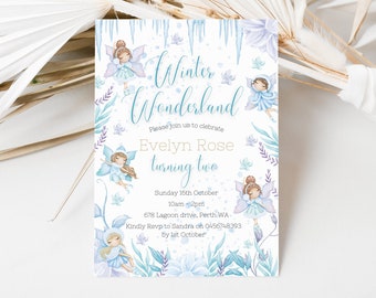 May include: A blue and white invitation card with a winter wonderland theme. It features a watercolor illustration of fairies and snowflakes. The text reads "Winter Wonderland" and "Evelyn Rose turning two". The invitation details a party on Sunday, 10th October at 10am-2pm at 678 Lagoon Drive, Perth WA. RSVP to Sandra by 1st October.