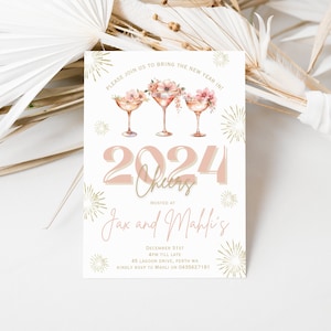 Editable New years eve celebration party invitation, cheer&#39;s to the new year, White and gold welcome in 2024 invite, Champagne party