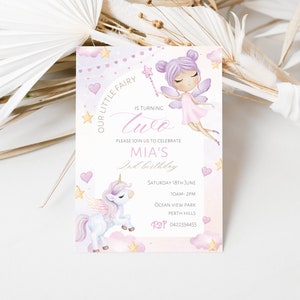 Invito di compleanno per ragazze unicorno e fate, festa unicorno e fata rosa e viola pastello, invito unicorno, invito fata, modelli per festa