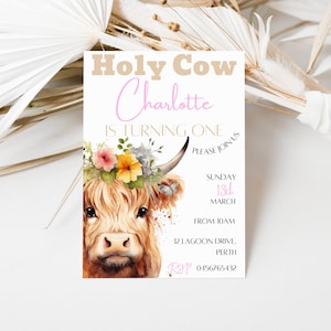 Editable Highland Cow Birthday Invitation Holy Cow Invitation Girls Birthday Invitation 2nd Birthday Invitation Cow Invitation