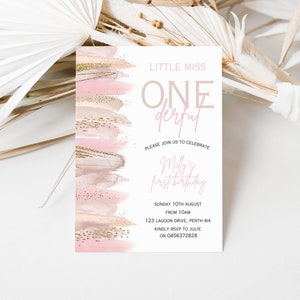 Editable Little Miss Onederful girl&#39;s first birthday invitation, blush pink girl&#39;s birthday party printable invite, Rose gold party invite