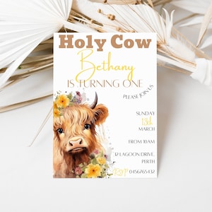 Editable Highland Cow Birthday Invitation Holy Cow Invitation Girls Birthday Invitation 1st Birthday Invitation Cow Invitation