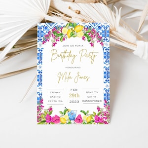 Editable Amalfi coast invitation birthday party invite girls birthday invitation Positano party invite lemon invitation blue tiles invite