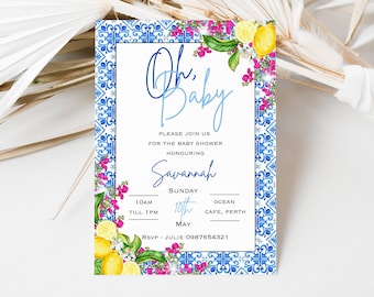 Editable Oh Baby Invitation Lemon Baby Shower invite Italian Blue tile invitation Positano invitation Amalfi Coast Baby Shower invite, 016