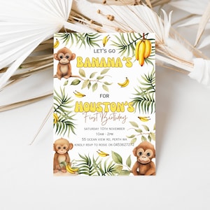 Bearbeitbare Lets go Banane Kindergeburtstag Einladung, 1., 2., 3. Geburtstagsparty Ausdrucke, Affe und Banane Kinderpartyeinladung