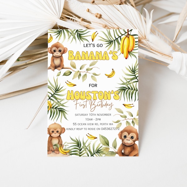 Editable Lets go banana's kids birthday party invitation, 1st,2nd,3rd birthday party printables, Monkey and banana's children's party invite