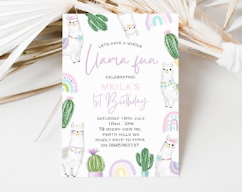 Editable lets have a whole llama fun birthday party invitation, mexican cactus and llama party printables, girls llama birthday party invite