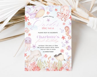 May include: A light blue invitation with a watercolor illustration of sea creatures. The text reads "Under the Sea" and "Charlotte's First Birthday".