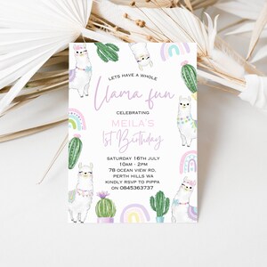 Editable lets have a whole llama fun birthday party invitation, mexican cactus and llama party printables, girls llama birthday party invite