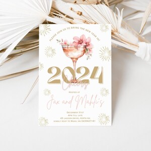 Editable New years eve celebration party invitation, cheer&#39;s to the new year, White and gold welcome in 2024 invite, Champagne party