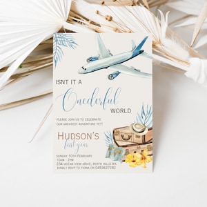 Bearbeitbare Onderful Welt Jungen erste Geburtstag Reiseeinladung Flugzeug und Weltkarte Kleinkind 1. Geburtstagsparty druckbare Abenteuereinladung