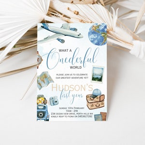 Editable Onderful world boys first birthday travel invitation aeroplane and world map toddler 1st birthday party printable adventure invite