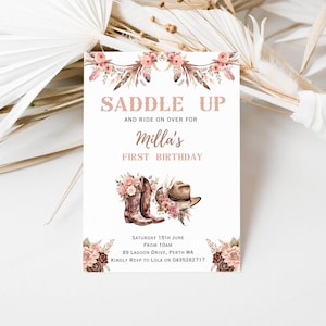 Bewerkbare zadel meisjes verjaardagsfeestje uitnodiging, uitnodiging voor een klein cowgirl feest, laarzen en cowgirl hoed feestuitnodiging, rijd over het feest