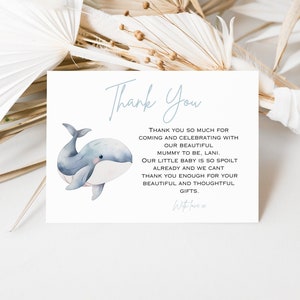 Edytowalna karta z podziękowaniami, karta z podziękowaniami z motywem wieloryba na baby shower, wydruki na imprezę z motywem wieloryba, karta z podziękowaniami pod morzem, wydruki na zwierzęta oceaniczne, 002