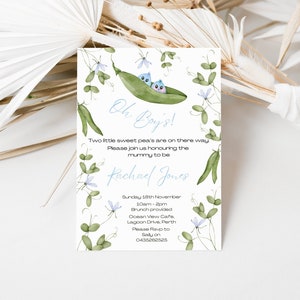 Editable Twin boys invitation Oh Boys baby shower invite sweet pea baby shower invite two peas in a pod baby shower invite