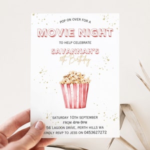 Invito modificabile alla festa di compleanno di una serata di cinema, invito alla festa per il pigiama party delle ragazze del cinema e popcorn, stampabili di film per il pigiama party per adolescenti