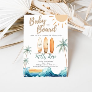 Editable Baby on Board Invitation Little Surfer Invite Beach Invite Surfboard invitation Baby on Board baby shower invite baby boy invite