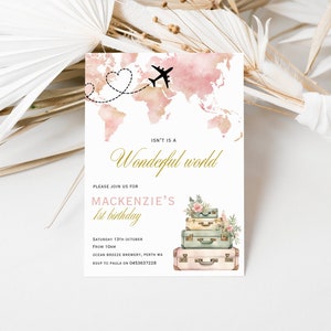 Invitation d'aventure imprimable pour le premier anniversaire des filles du monde Onderful modifiables, avion et carte du monde pour tout-petit 1er anniversaire