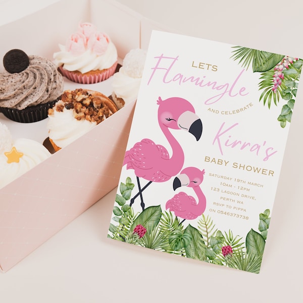 Lets flamingle baby shower invitation, Pink flamingo party invitation, Tropical baby shower template, Baby sprinkle invite, Baby girl invite