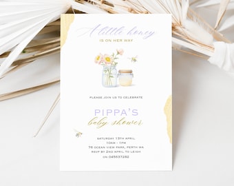 Editable a little honey baby shower invitation, a little honey is on her way invite, minimalist baby sprinkle, wildflower and bee's invite