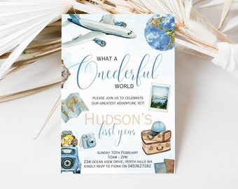 Editable Onderful world boys first birthday travel invitation aeroplane and world map toddler 1st birthday party printable adventure invite