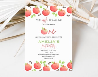 Editable the apple of our eye first birthday invitation, cute apples party printables, fruits first birthday invite, fun and bright party