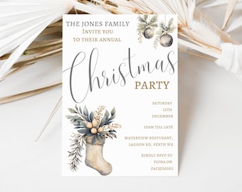 May include: A Christmas party invitation with a watercolor illustration of a stocking, pine branches, and ornaments. The text reads "The Jones Family Invite You To Their Annual Christmas Party, Saturday 12th December, 10am Till Late, Waterview Resturant, Lagoon Rd, Perth WA, Kindly RSVP to Fiona on 0423526262."