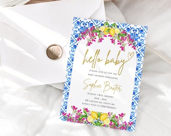 Hello baby invitation, baby shower invitation, oh baby invite, blue tile, italy Positano tile baby shower, lemons and pink flowers 021