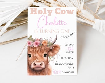 Highland Cow Birthday Invitation Holy Cow Invitation Girls Birthday Invitation 1st Birthday Invitation Cow Invitation 2nd birthday 005