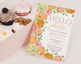 Citrus fruit 40th birthday invitation, Citrus birthday party invite, Oranges lemon lime invite, Grapefruit invite, Hello forty invite