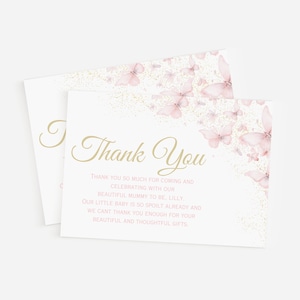 Bewerkbare dank u kaart, vlinder baby shower dank u kaart, mooie roze vlinders, elegante blozen roze dank u kaart