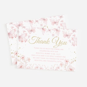 Cartão de agradecimento editável, cartão de agradecimento de chá de bebê borboleta, lindas borboletas rosa, elegante cartão de agradecimento rosa blush