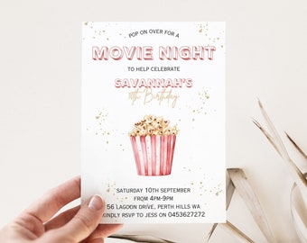 Bewerkbare filmavond verjaardagsfeestje uitnodiging, popcorn en filmmeisjes logeerpartijtje uitnodigen, tiener slaapfeestje film printables