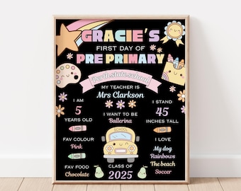 May include: A black chalkboard with a rainbow and stars at the top. The text "GRACIE'S FIRST DAY OF * PRE PRIMARY *" is written in pink and yellow. The chalkboard also includes information about Gracie, such as her age, favorite color, and favorite food.