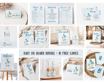 Baby on board baby shower bundle, Surfing theme baby shower, Beach theme baby sprinkle, Baby shower templates, Surfing party bundle 008