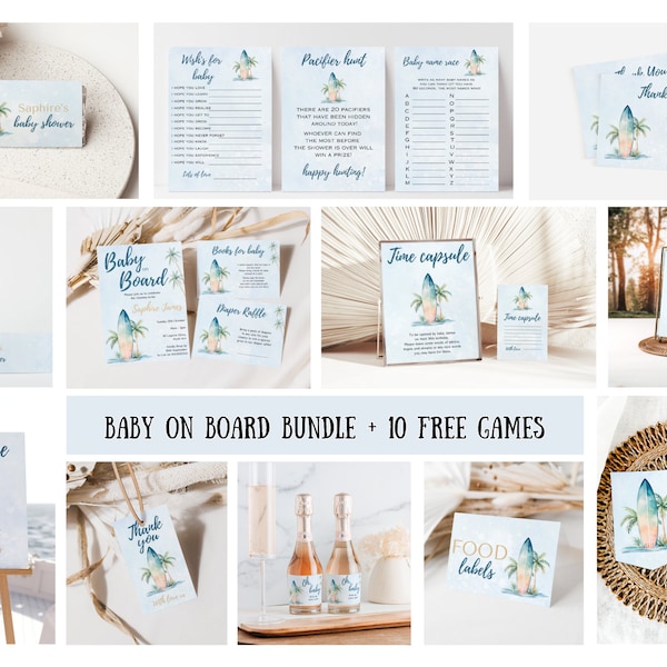 Baby on board baby shower bundle, Surfing theme baby shower, Beach theme baby sprinkle, Baby shower templates, Surfing party bundle 008