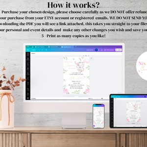 May include: A computer screen displaying a pink and green floral design for a printable invitation. The text on the screen reads "How it works?" and lists steps for downloading and editing the design in Canva. The screen is on a desk with a vase of dried flowers.