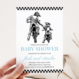 May include: Black and white illustration of a father and son riding dirt bikes. The text on the invitation reads "Please join us for the Baby Shower Honoring the parents to be Josh and Amelia Saturday 13th June at 2pm 345 Lagoon Drive, Perth WA Kindly RSVP to Pippa on 0435627272"