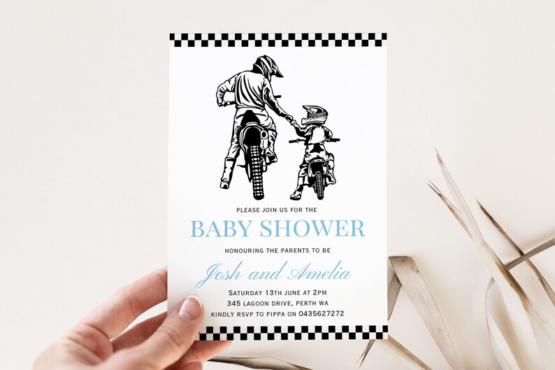 May include: Black and white illustration of a father and son riding dirt bikes. The text on the invitation reads "Please join us for the Baby Shower Honoring the parents to be Josh and Amelia Saturday 13th June at 2pm 345 Lagoon Drive, Perth WA Kindly RSVP to Pippa on 0435627272"